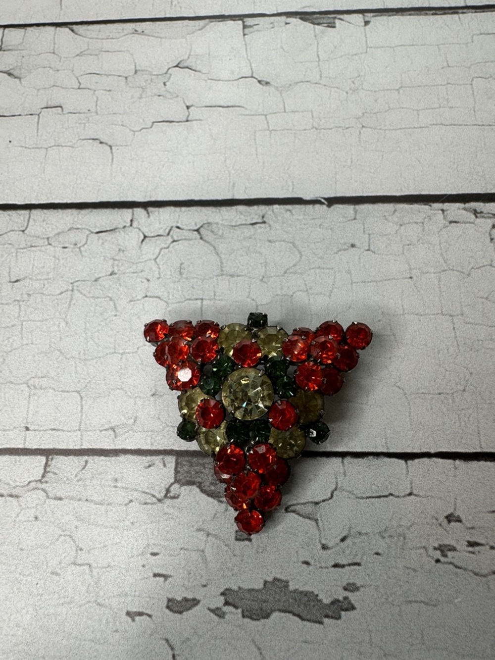 Vintage Red, Green & Yellow Triangle Rhinestone Brooch